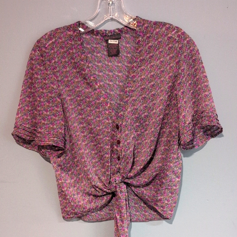 Fire Los Angeles Purple Floral Tie-Front Sheer Blouse Size Small